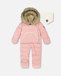 Pink infant snowsuit with faux fur hood, fleece bib, winter outerwear at Qu!rk Boutique