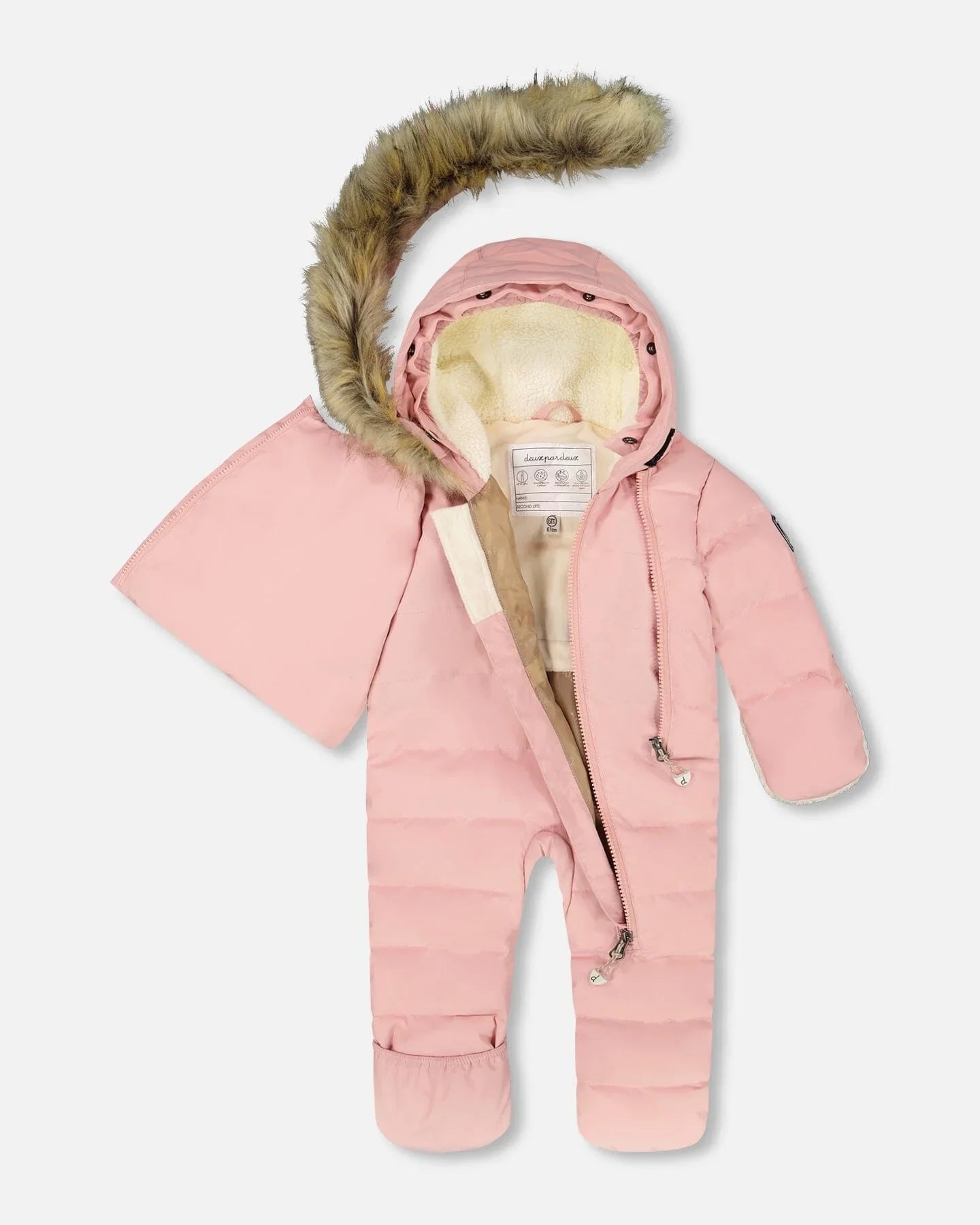 Pink baby snowsuit with faux fur hood and mittens, cozy winter outerwear from Qu!rk Boutique.