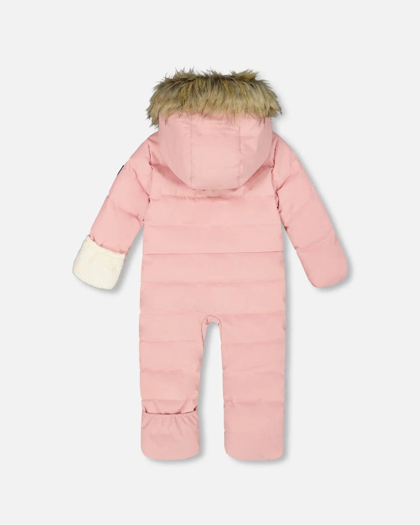 Pink infant snowsuit with faux fur hood, winter outerwear from Qu!rk Boutique, femme-fit design