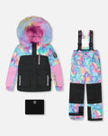 Colorful girls' winter jacket and snow pants set with pastel swirl heart print, faux fur hood, from Qu!rk Boutique