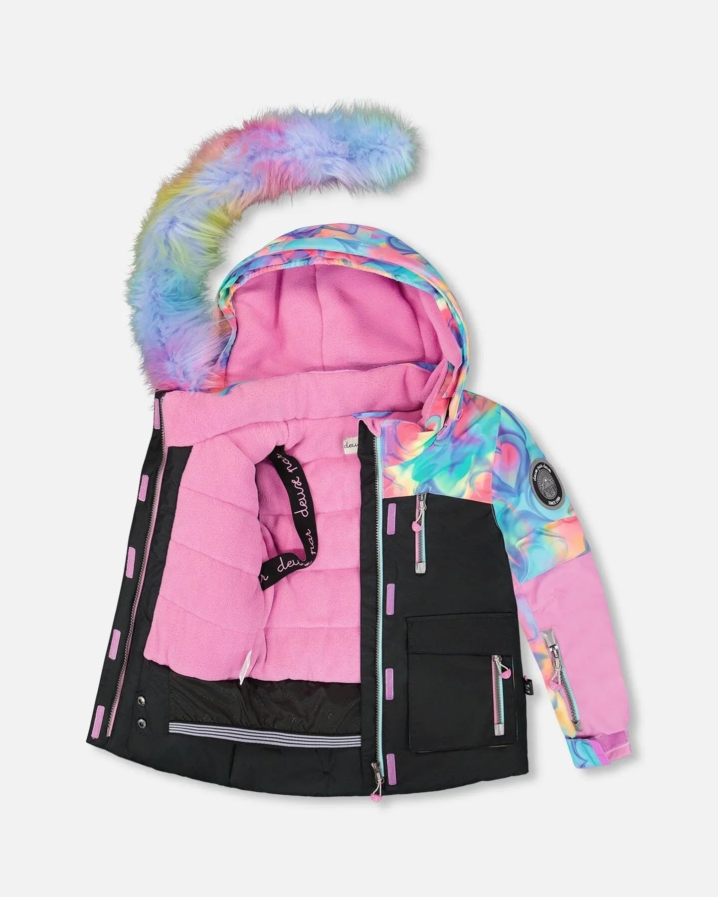 Colorful cosmic-print winter jacket with pink fleece lining and rainbow faux fur hood, Qu!rk Boutique