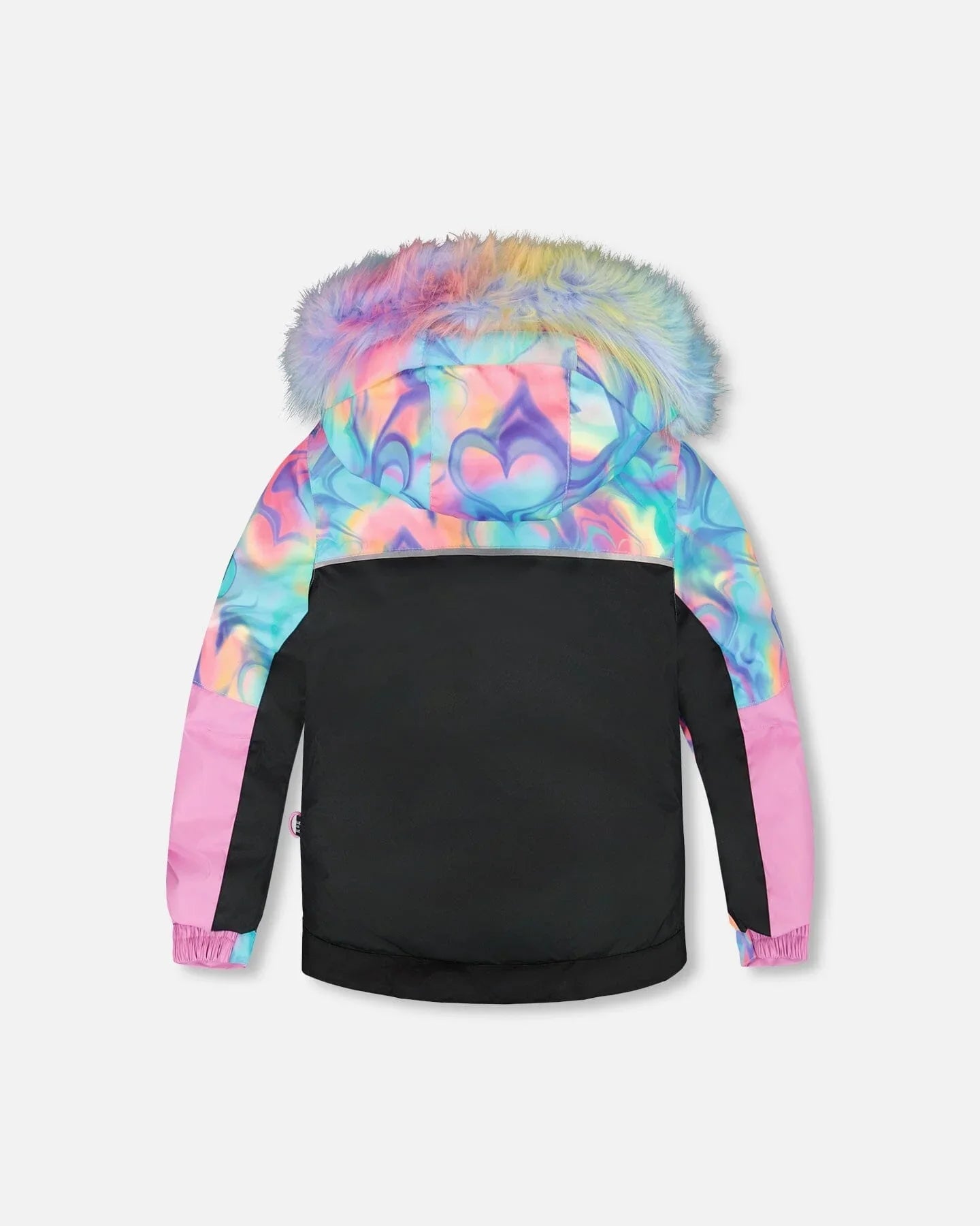 Colorful heart-patterned winter jacket with faux fur rainbow hood, cosmic couture style.