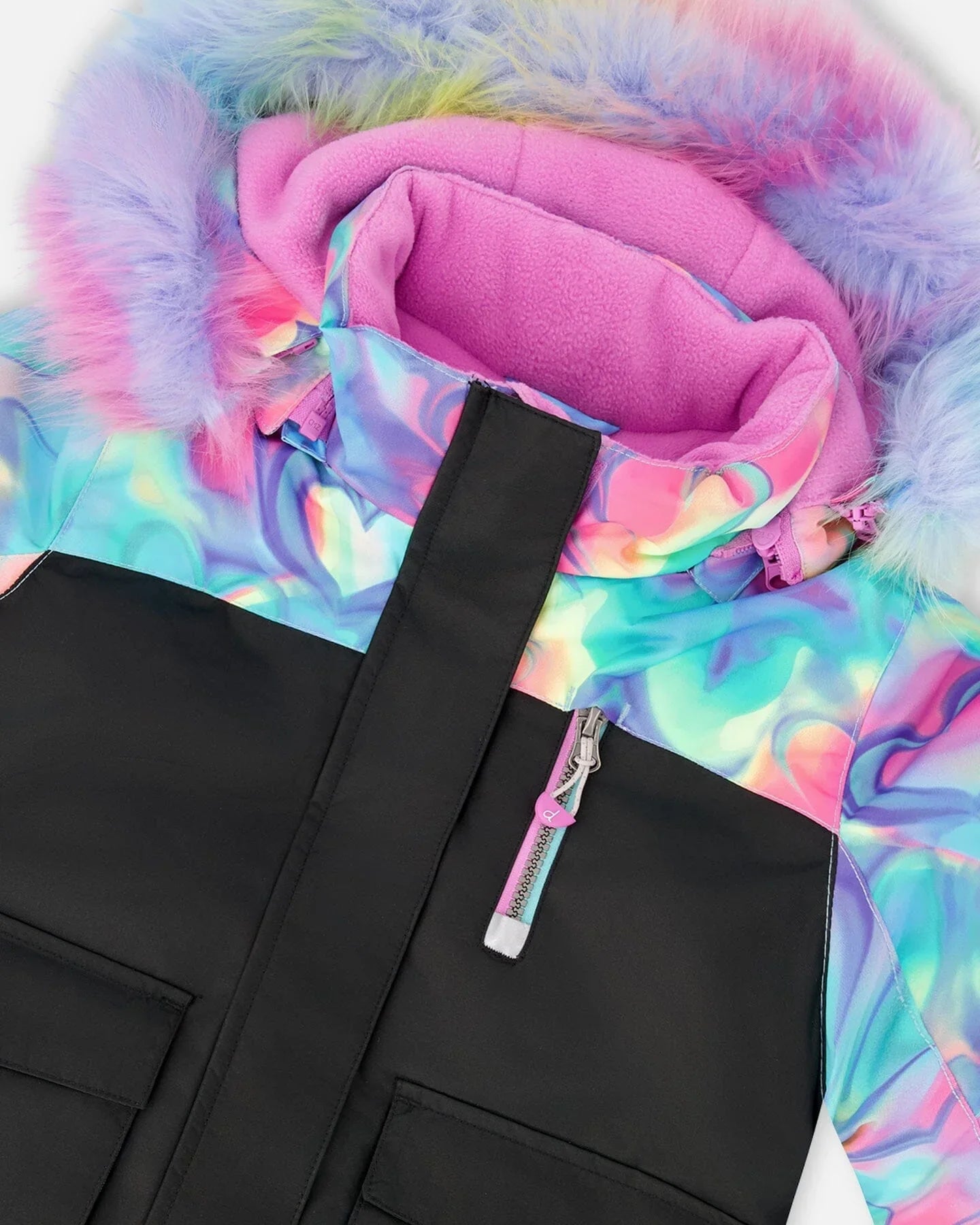 Colorful cosmic-inspired winter jacket with faux fur hood and black front from Qu!rk Boutique