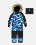 Blue camo print kids' snowsuit with faux fur hood from Qu!rk Boutique, winter outerwear