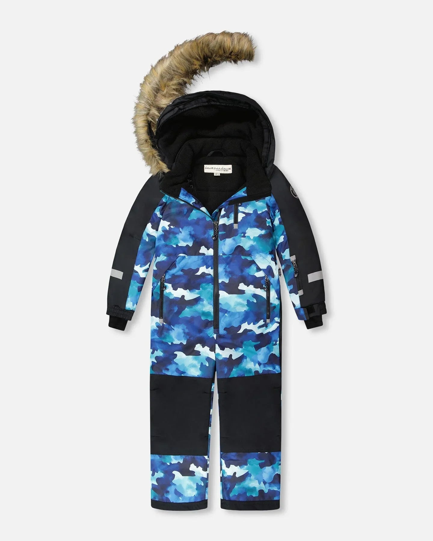 Blue camo kids' snowsuit with faux fur hood, winter outerwear at Qu!rk Boutique