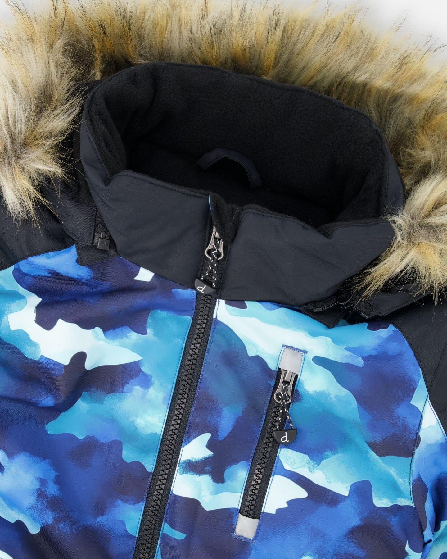 Blue camouflage winter jacket with black fleece lining and faux fur hood, Qu!rk Boutique