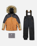 Kids’ winter jacket with faux fur hood, black snow pants, and matching mittens set