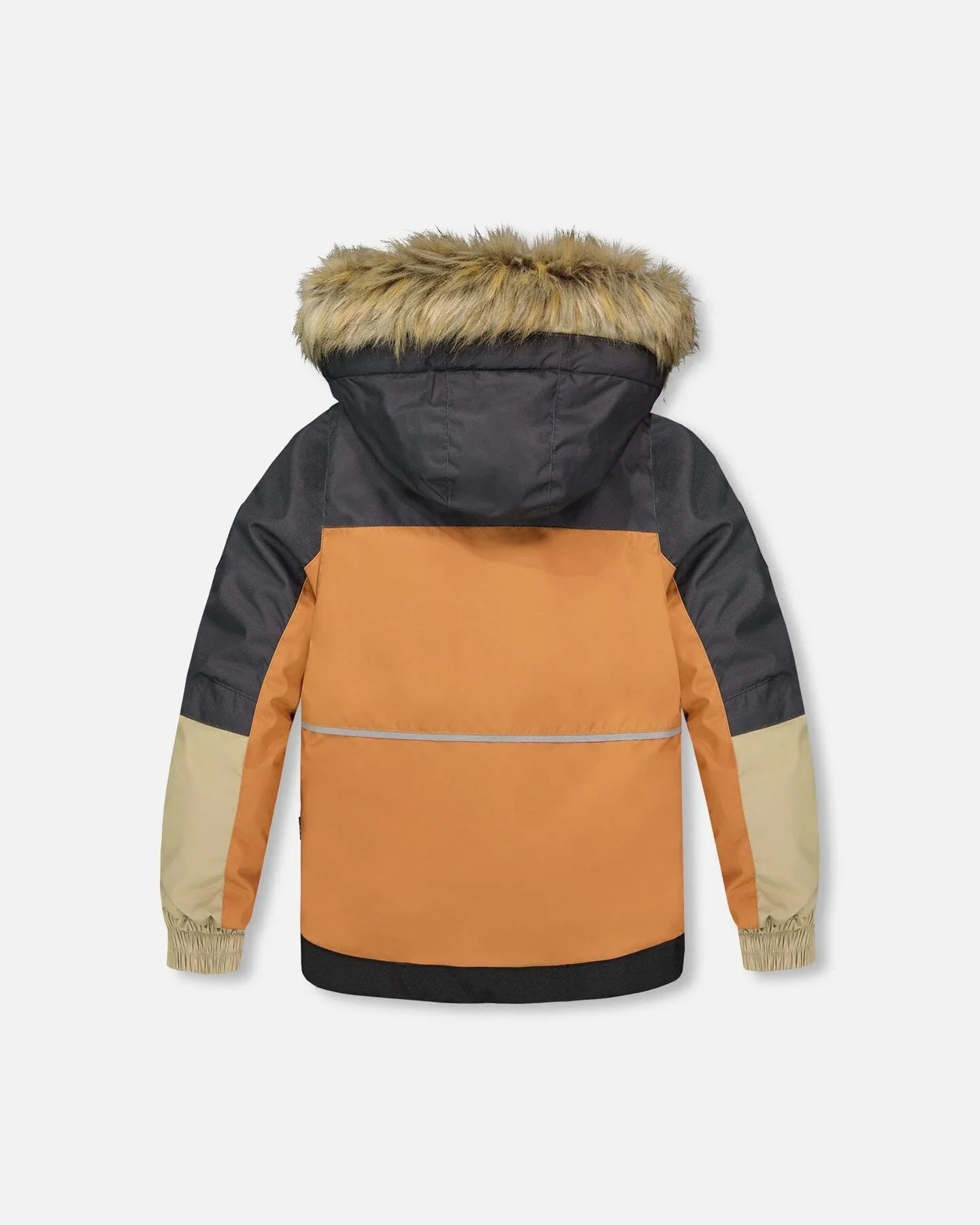 Colorblock winter jacket with faux fur hood, orange, black, beige, at Qu!rk Boutique