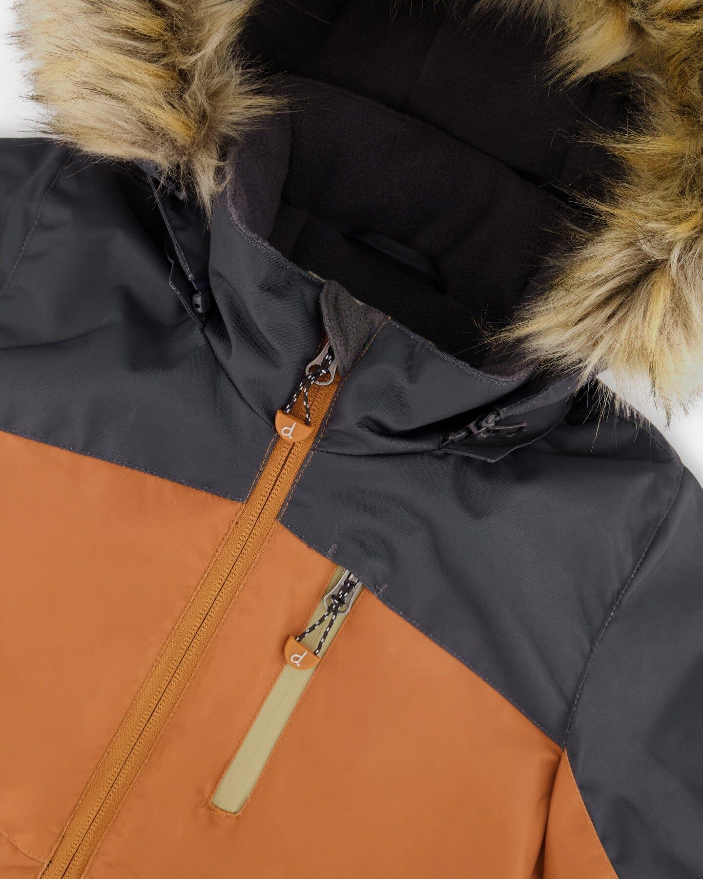 Colorblock winter jacket with faux fur hood, orange and black, from Qu!rk Boutique