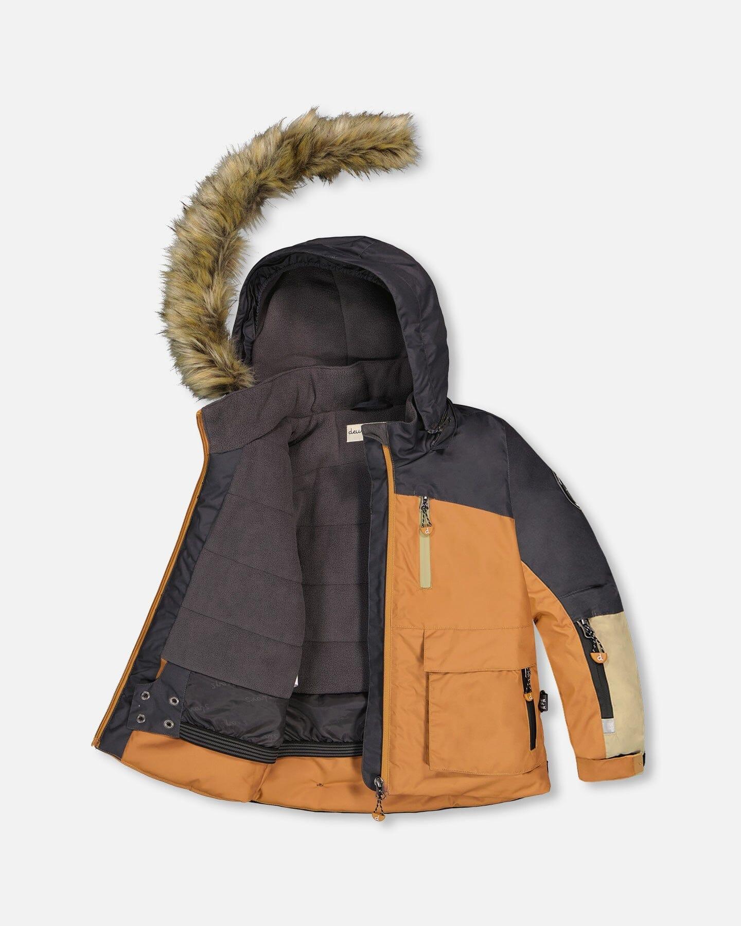 Colorblock winter parka with faux fur hood, orange and black, displayed open on white background.