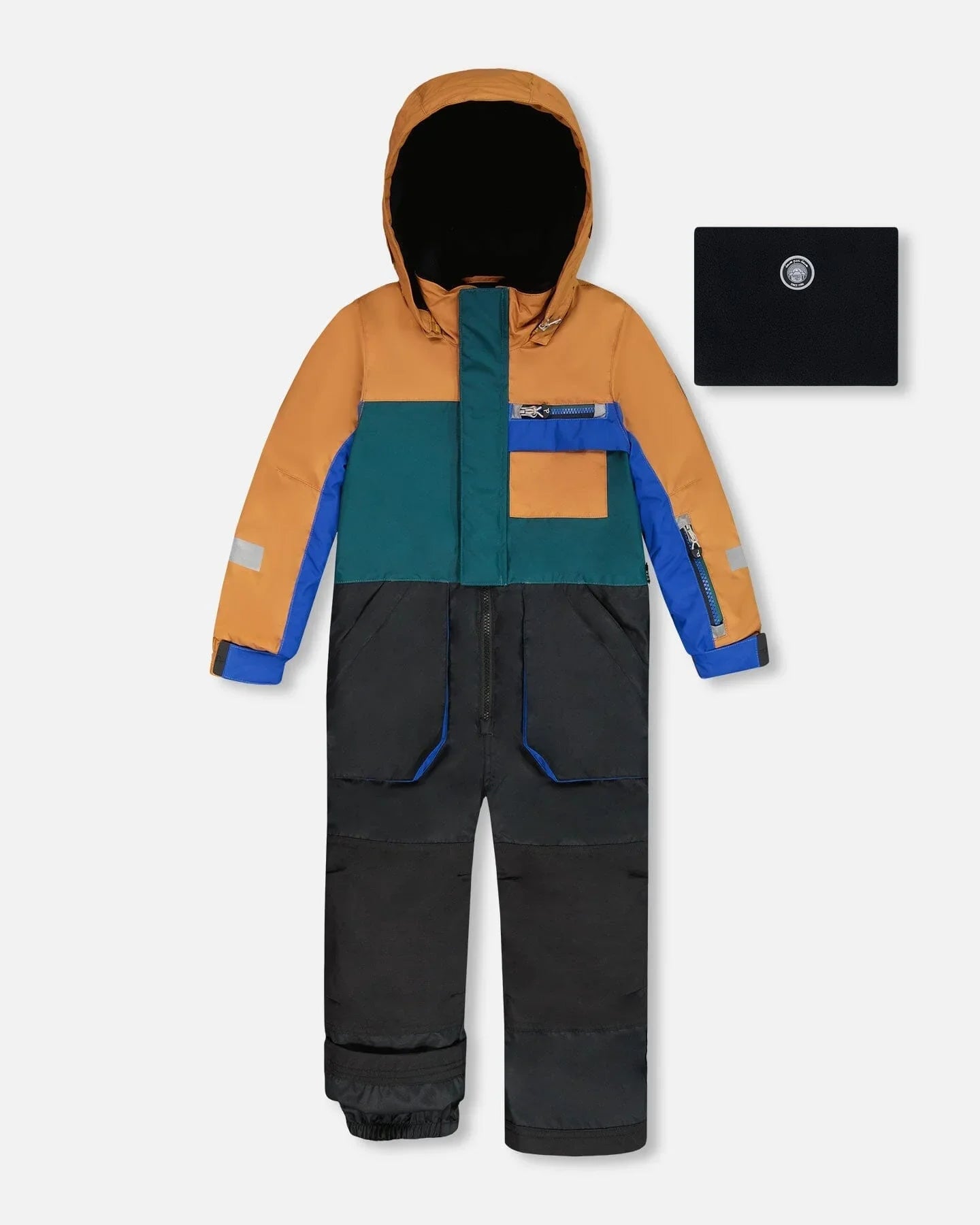 Colorblock kids' snowsuit with hood, chest pocket, and reflective details at Qu!rk Boutique