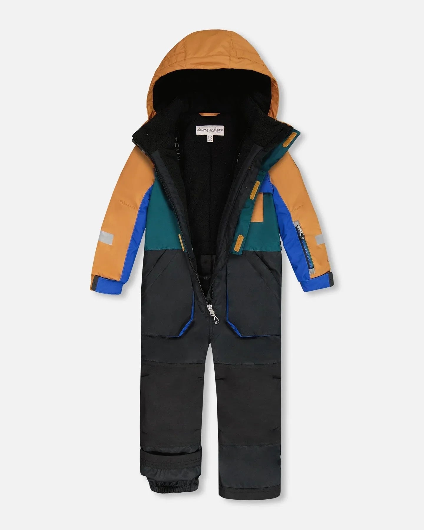 Colorblock kids snowsuit with hood in orange, blue, teal, and black, displayed on white background