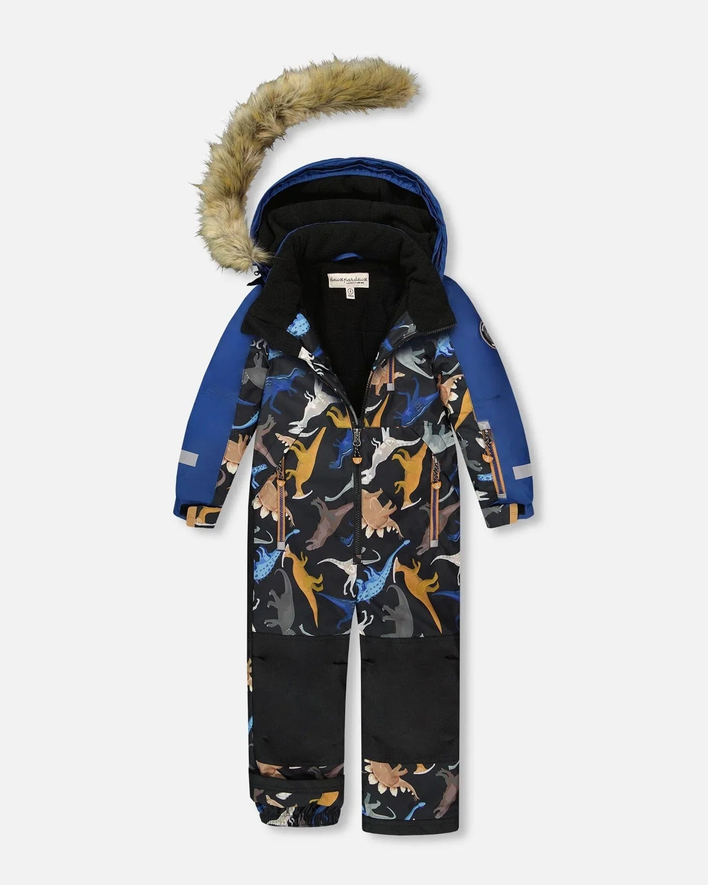 Colorful dinosaur print kids' snowsuit with faux fur hood, cosmic winter outerwear at Qu!rk Boutique