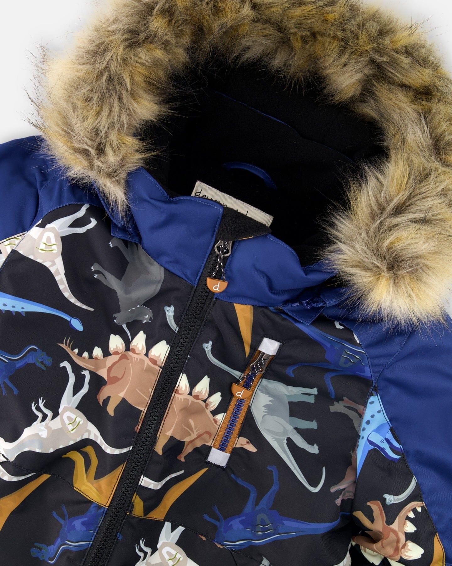 Blue kids' winter jacket with faux fur hood and colorful dinosaur print, Qu!rk Boutique