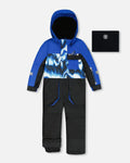 Kids' blue and black snowsuit with abstract pattern, winter wear at Qu!rk Boutique