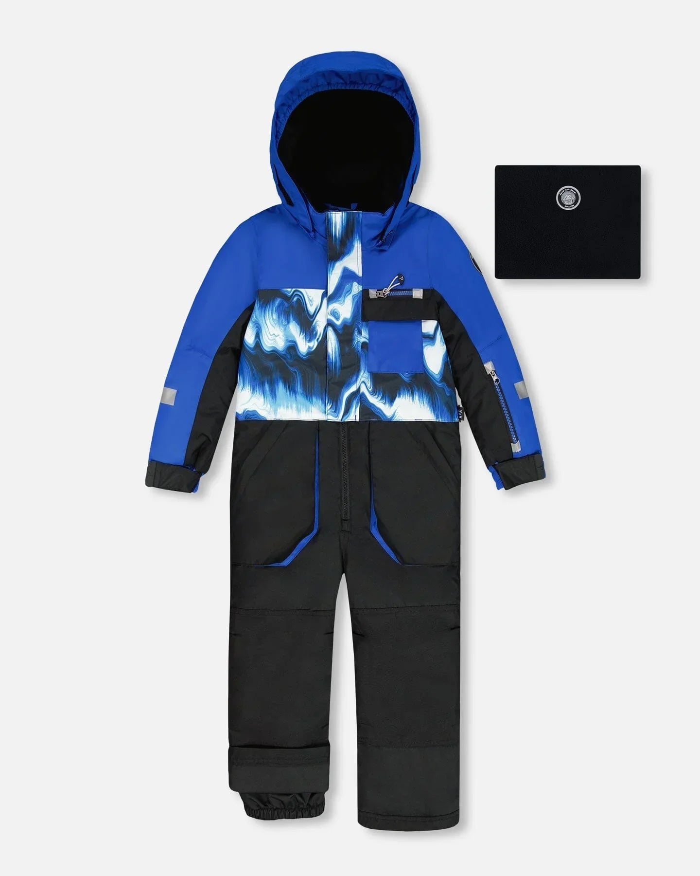 Kids' blue and black snowsuit with abstract pattern, winter wear at Qu!rk Boutique