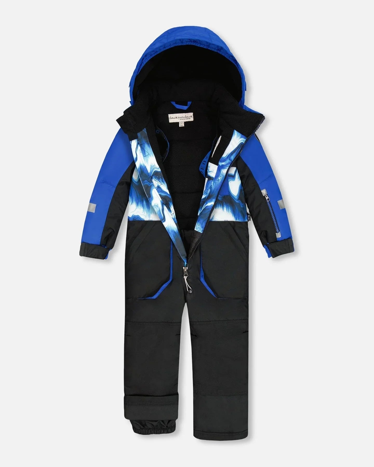 Blue and black kids' snowsuit with hood and abstract winter print, Qu!rk Boutique outerwear