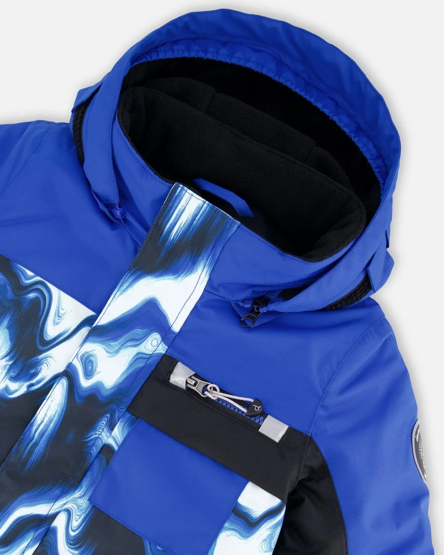 Blue hooded winter jacket with cosmic marble print, zip pocket, and fleece lining from Qu!rk Boutique