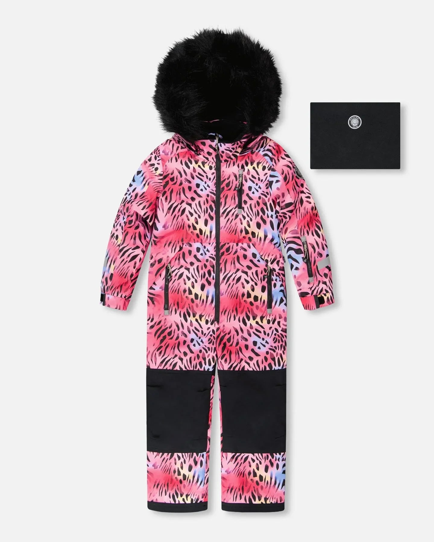 Colorful pink and black leopard print snowsuit with faux fur hood, Qu!rk Boutique winter fashion
