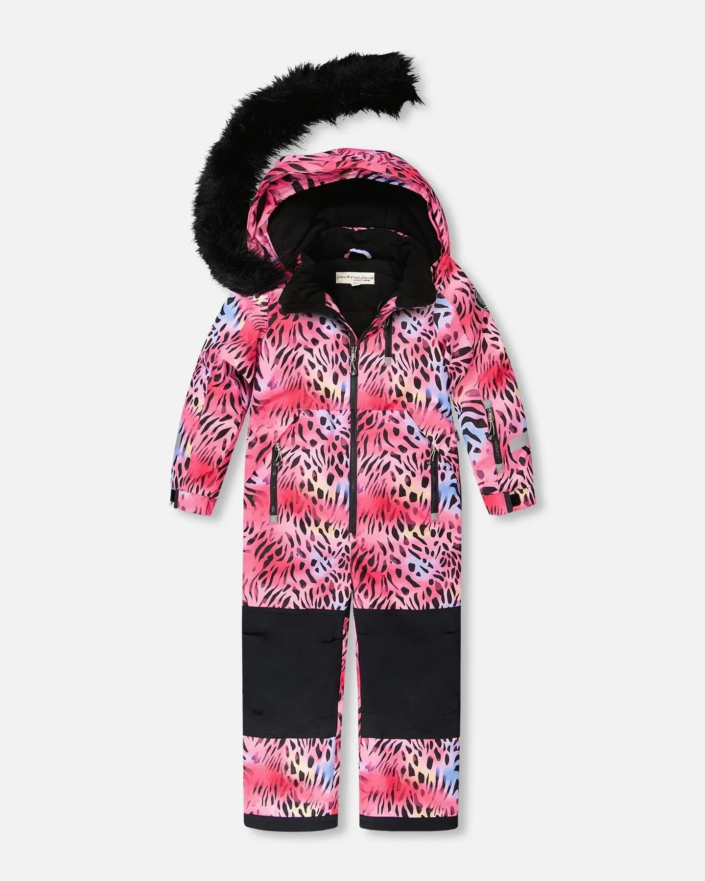 Colorful pink and black kids' snowsuit with animal print design and faux fur hood, Qu!rk Boutique