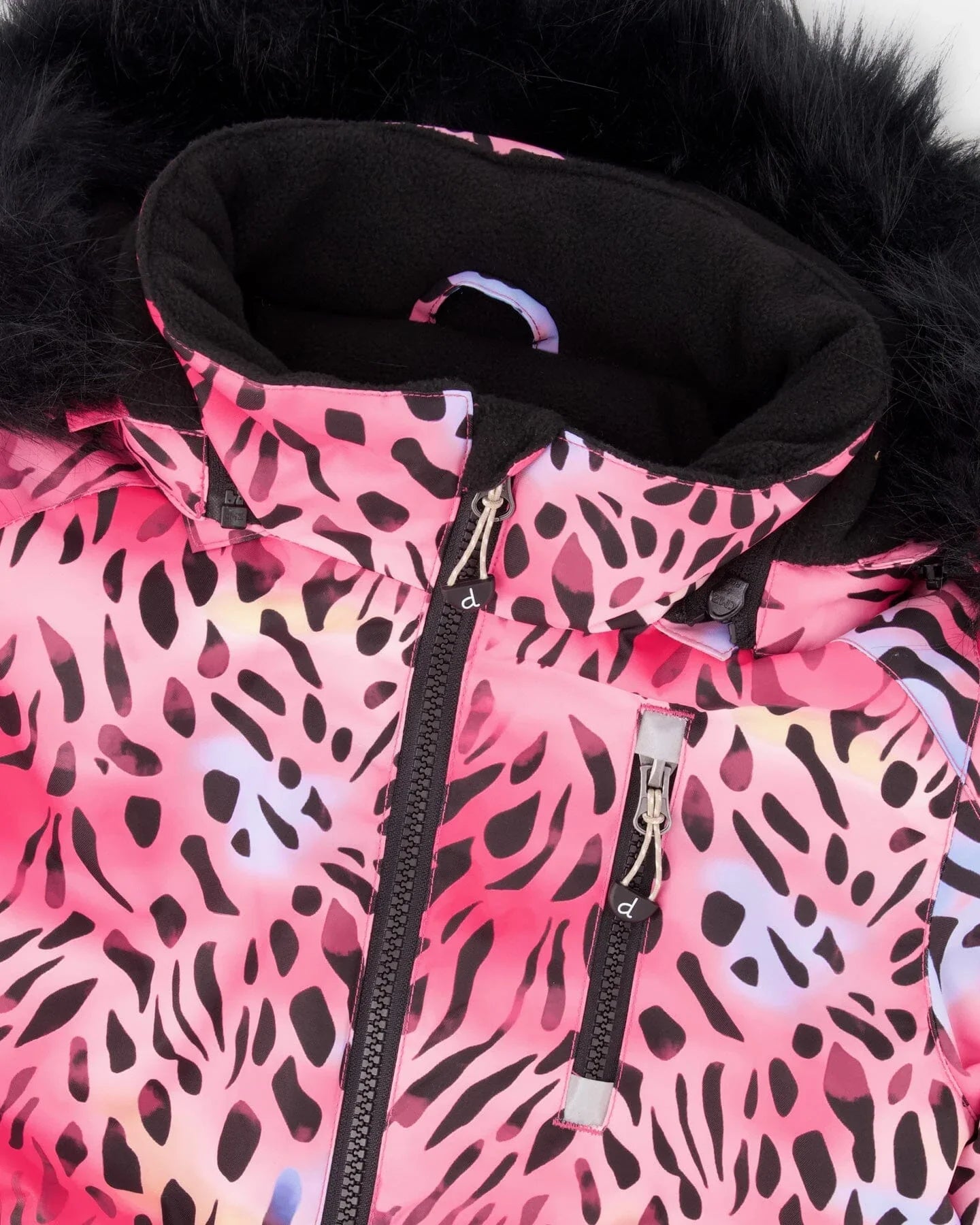 Pink animal print winter jacket with faux fur hood and zip details, cosmic couture style