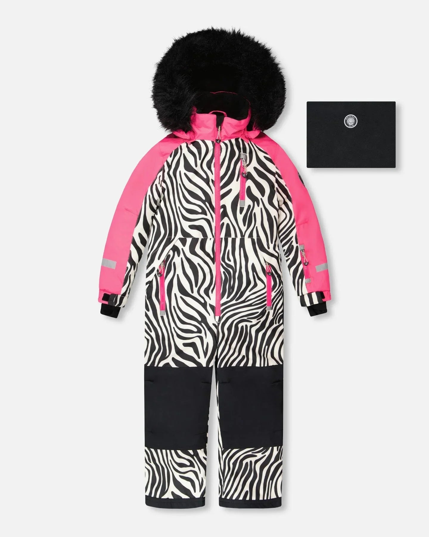 Kids' zebra print and pink snowsuit with faux fur hood, featured at Qu!rk Boutique