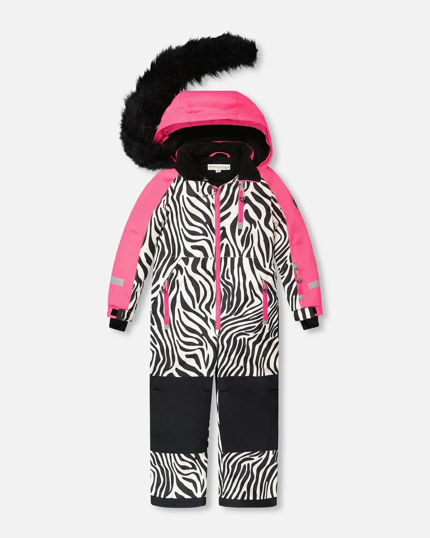 Zebra print snowsuit with pink sleeves, black faux fur tail, and reflective details