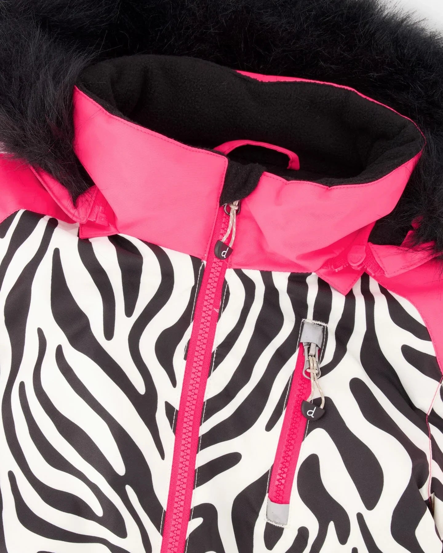 Zebra print jacket with black faux fur hood and bright pink accents from Qu!rk Boutique