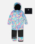 Colorful cosmic print kids snowsuit with hood, black knee patches, Qu!rk Boutique.