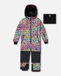 Colorful leopard print kids snowsuit with hood, cosmic rainbow pattern, black panel accents