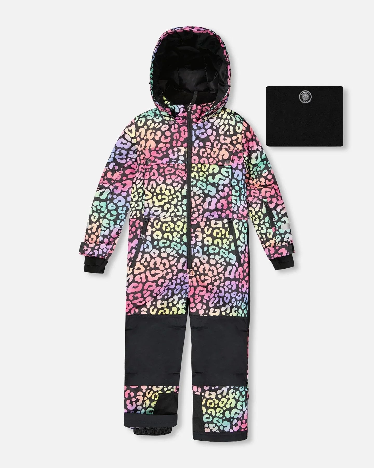 Colorful leopard print kids snowsuit with hood, cosmic rainbow pattern, black panel accents