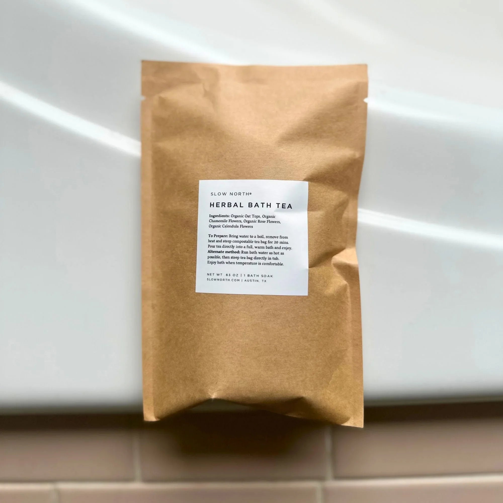 Slow North Herbal Bath Tea natural soak in brown paper bag with preparation instructions