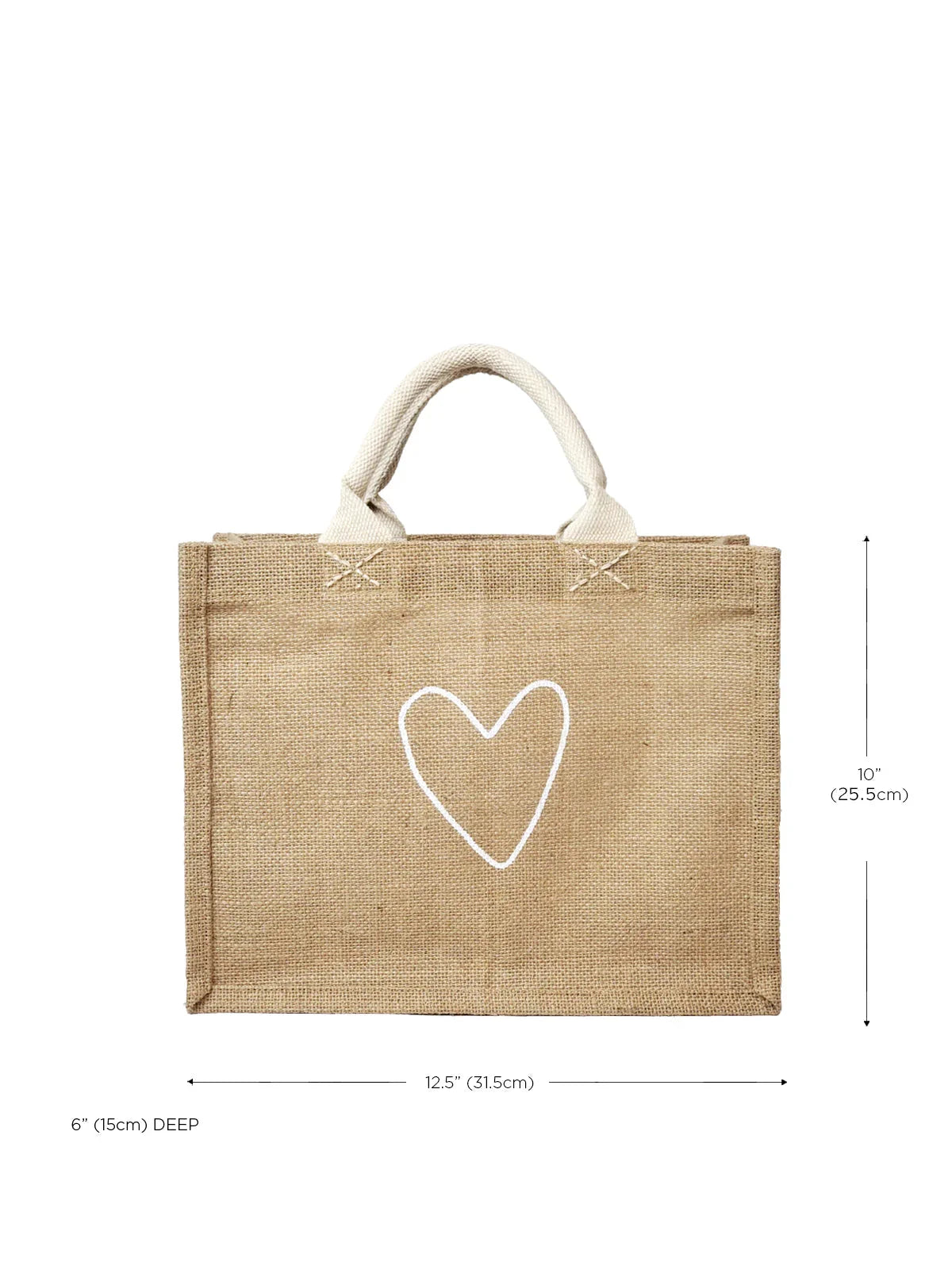 Natural jute tote bag with white heart print and fabric handles, eco-friendly reusable shopping bag