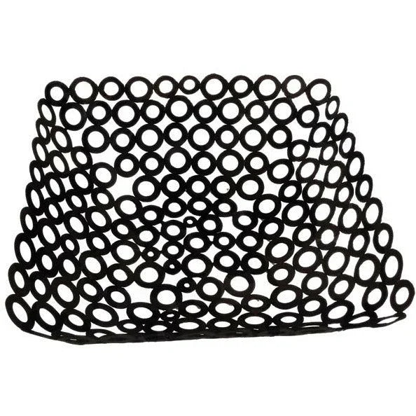 Modern black openwork bowl made of interlocking circles, artist-designed decor piece