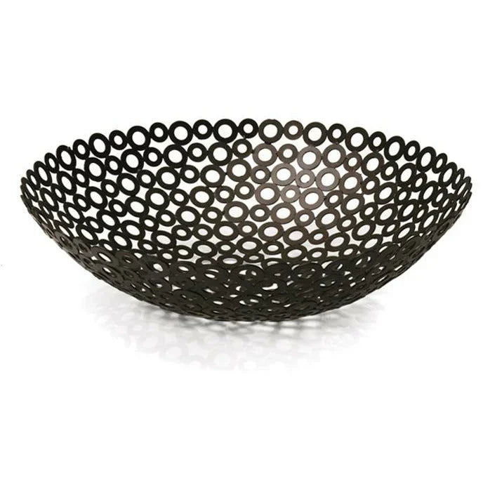 Modern black metal openwork bowl with circular cutout design, artist-designed home decor