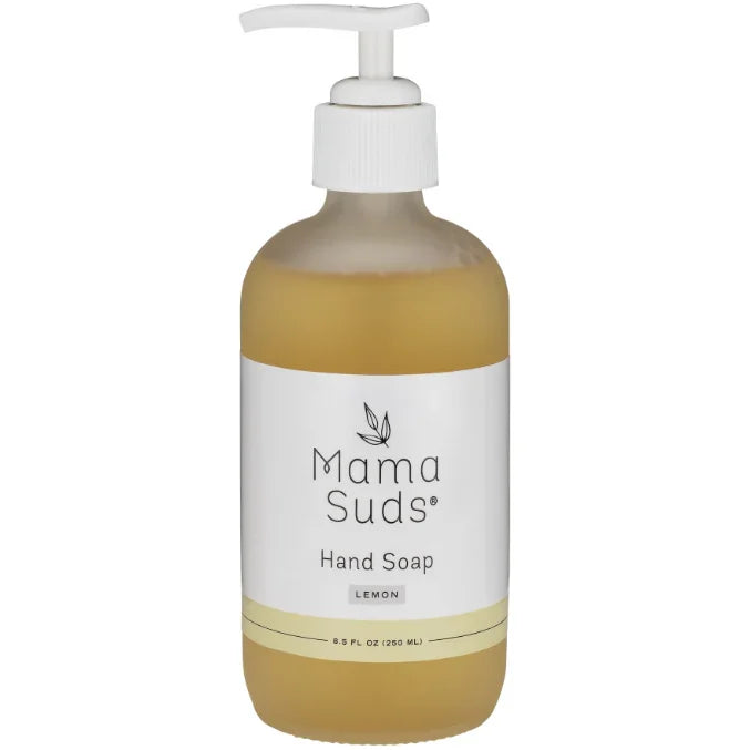 Mama Suds Hand Soap Lemon in an 8.5 oz glass pump bottle, eco-friendly skincare at Qu!rk Boutique