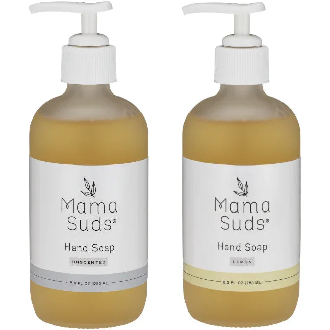 Two Mama Suds hand soap bottles, unscented and lemon, with white pump tops, 8.5 fl oz each.