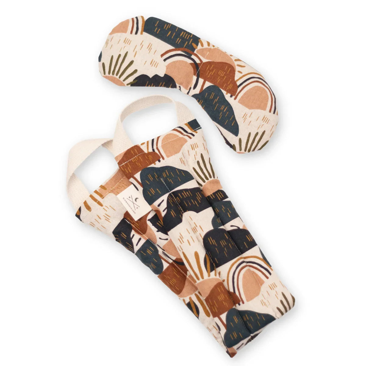 Heated neck wrap and eye mask set with abstract earth-tone pattern, Qu!rk Boutique gift idea