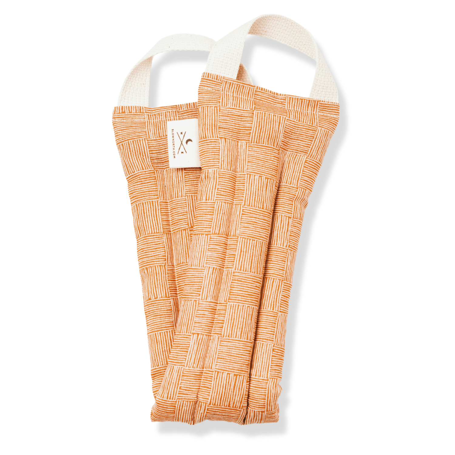 Orange checkered fabric heated neck wrap with white hanging loops on white background