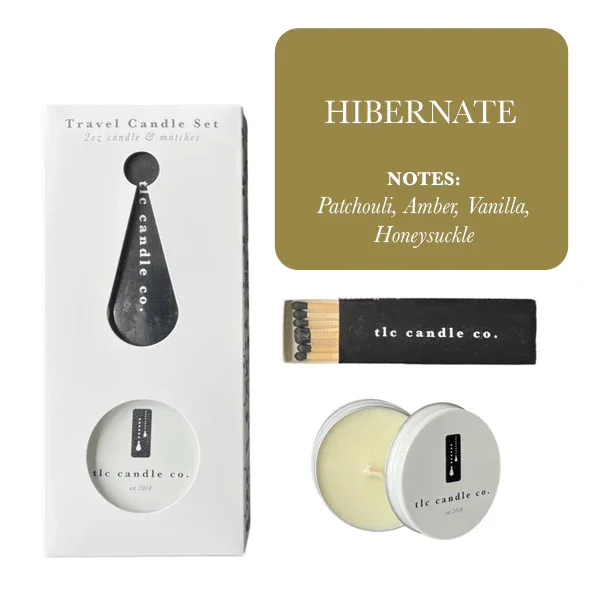 Hibernate travel candle set with tin, matches, and box from Qu!rk Boutique, notes of patchouli, amber, vanilla, honeysuckle.