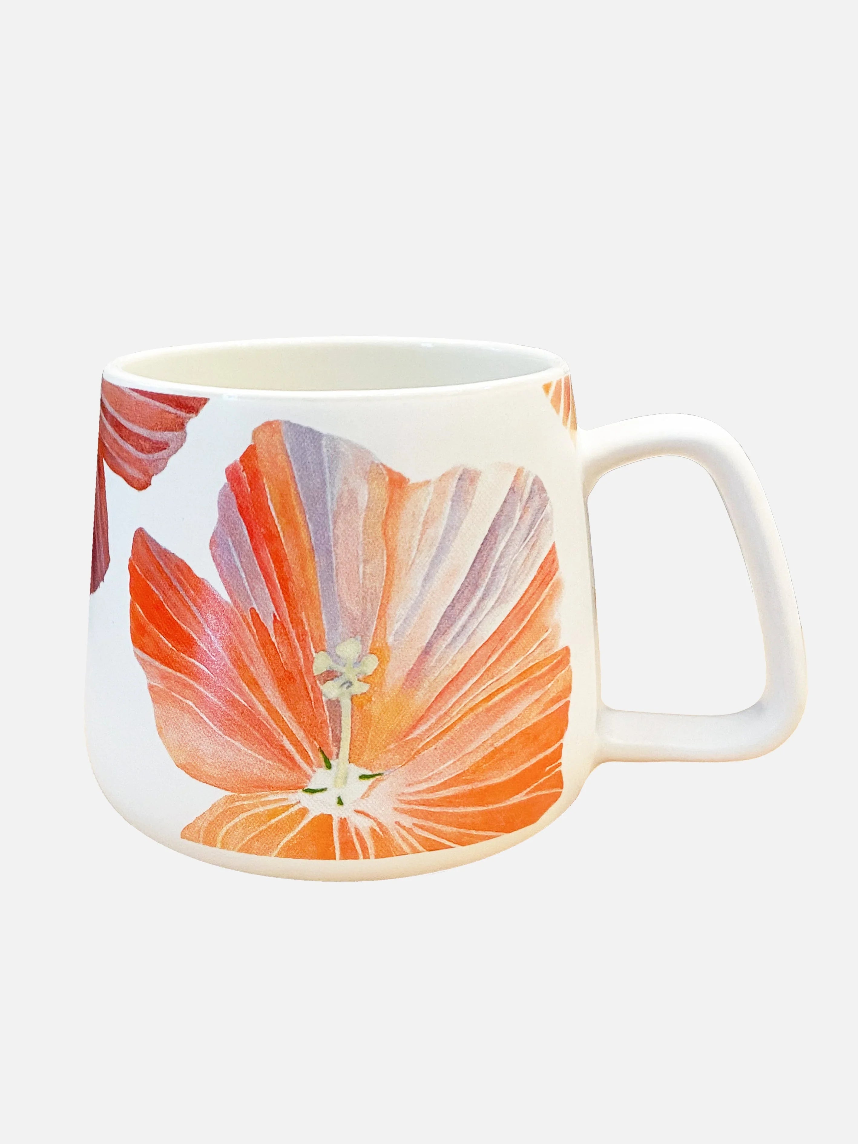 White ceramic mug with orange and purple hibiscus flower design and a square handle