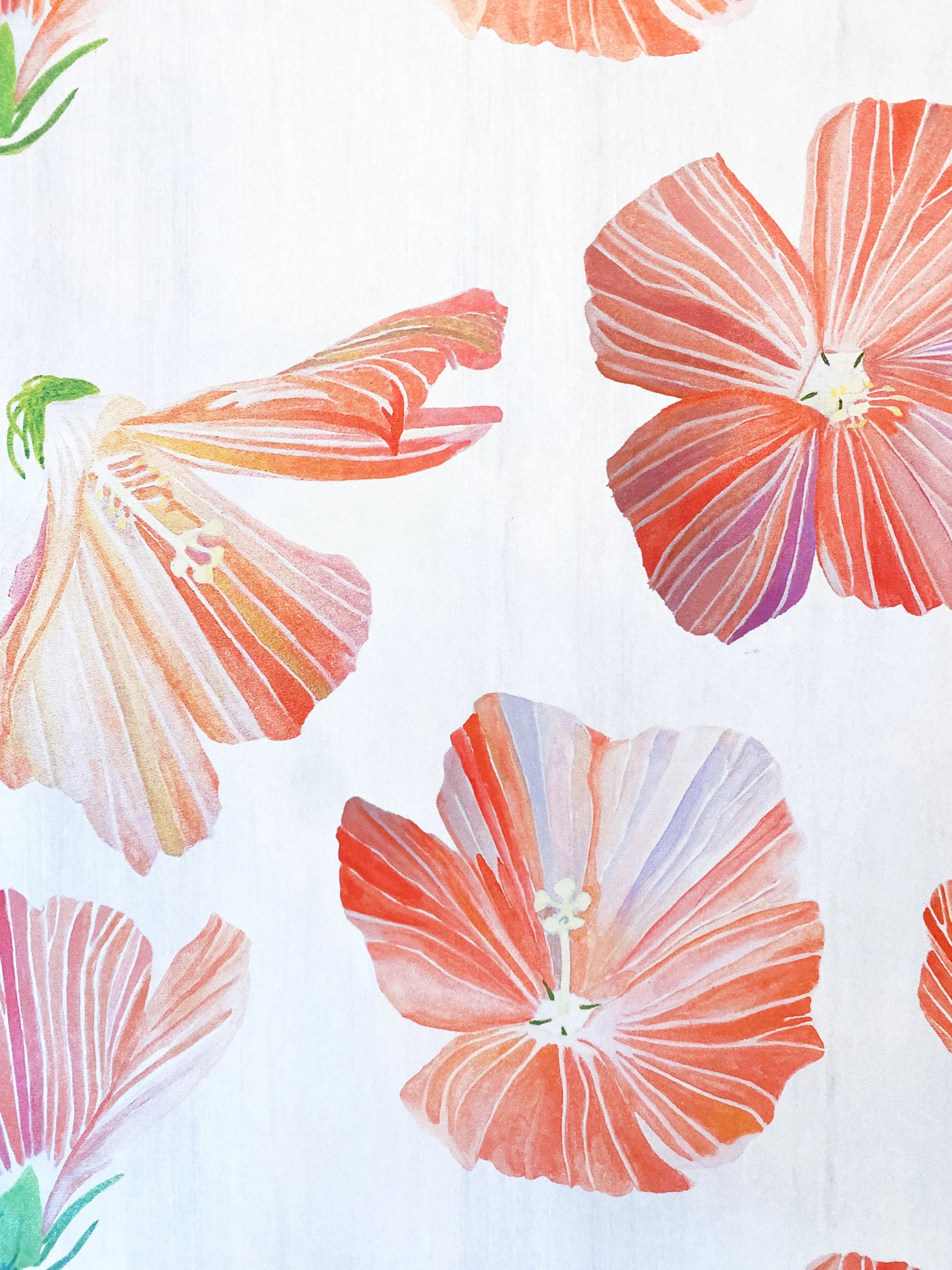 Hibiscus floral pattern in coral and pink on white wrapping paper