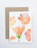Greeting card with watercolor orange hibiscus flowers on white background and brown envelope