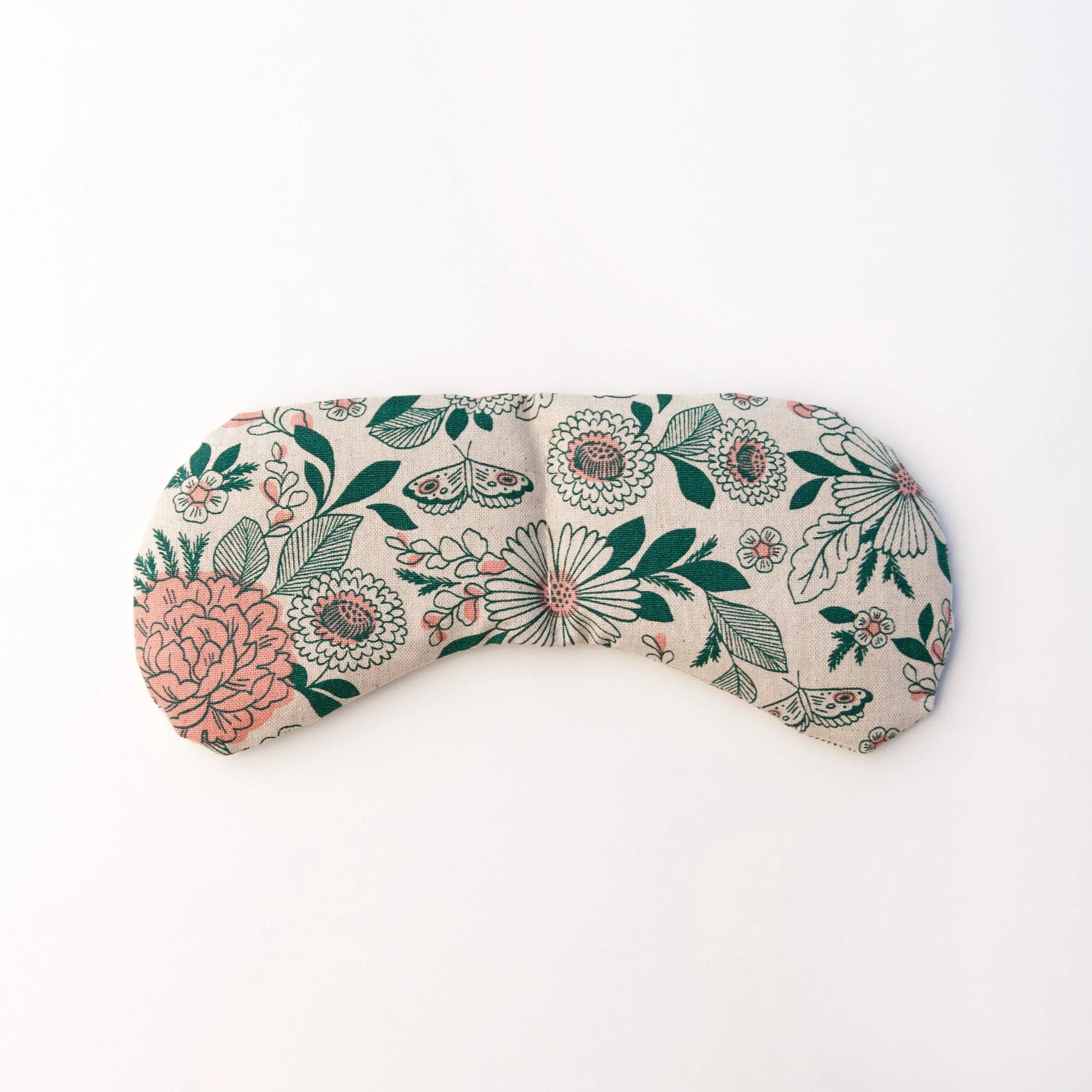 Floral eye pillow with green leaves and pink flowers on white background, Qu!rk Boutique gift
