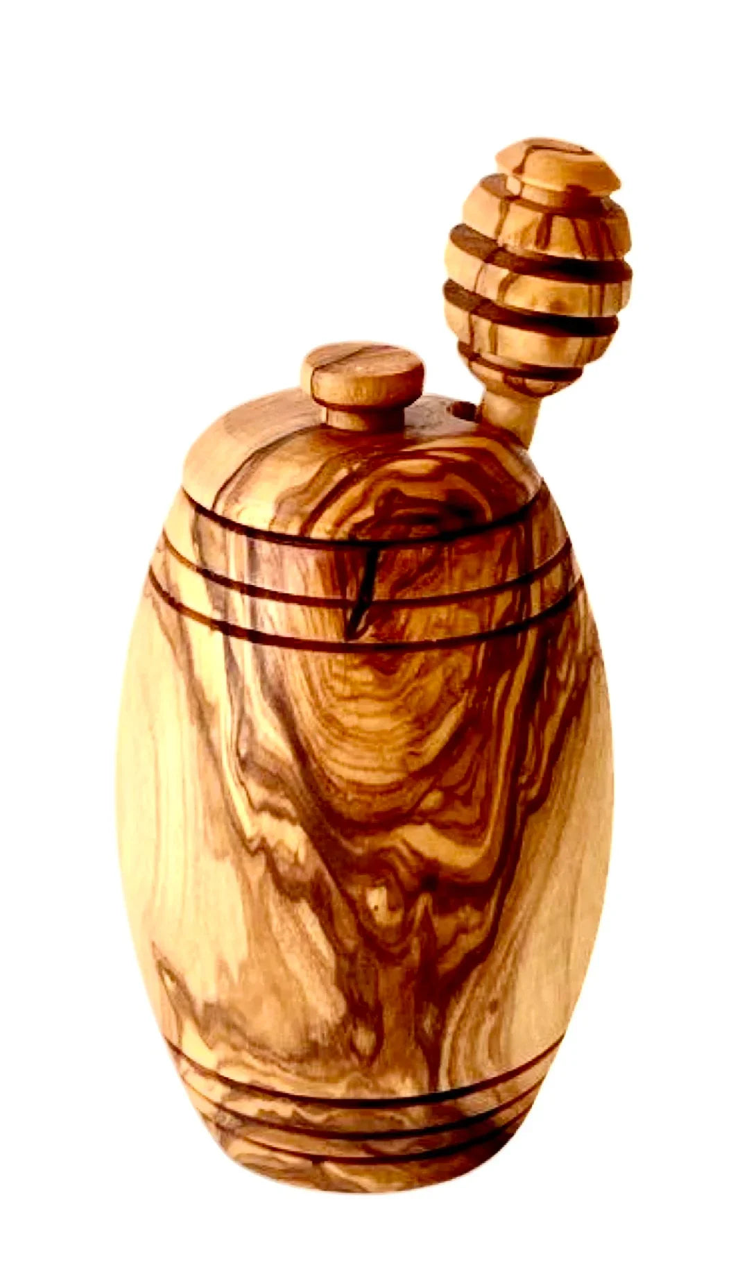 Handcrafted olive wood honey pot with matching honey dipper, smooth natural grain finish