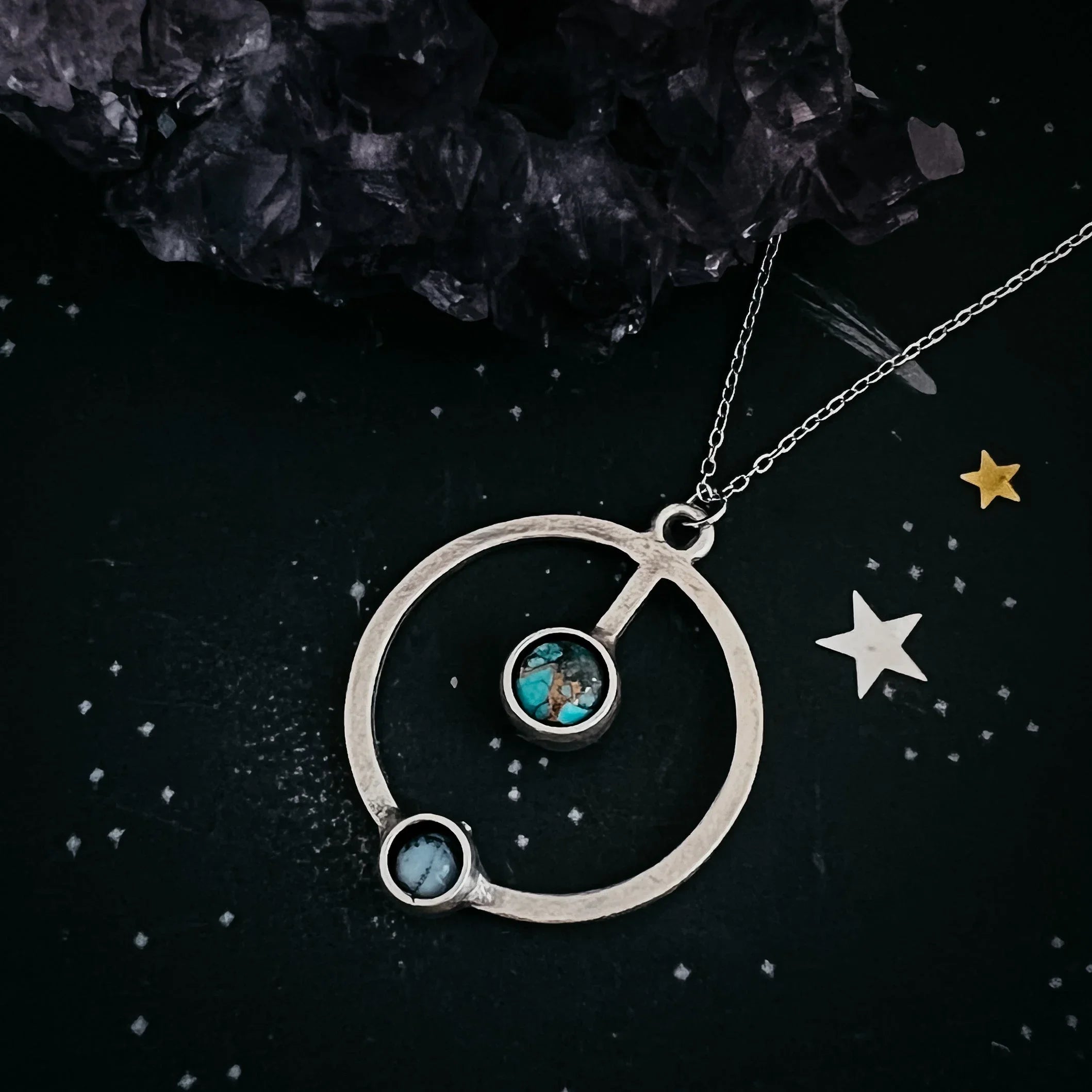 Silver circular pendant necklace with two turquoise stones on black background with stars