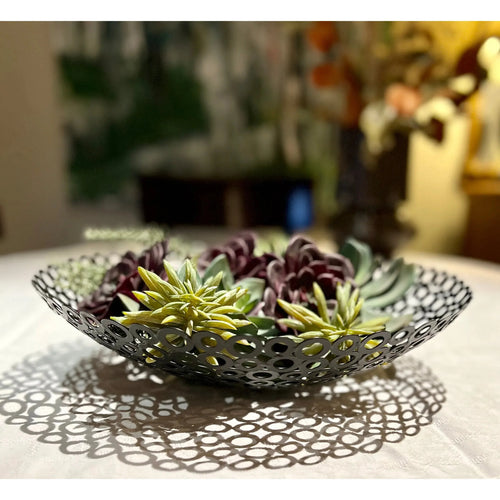Modern metal centerpiece bowl with succulents on a table, Qu!rk Boutique home decor