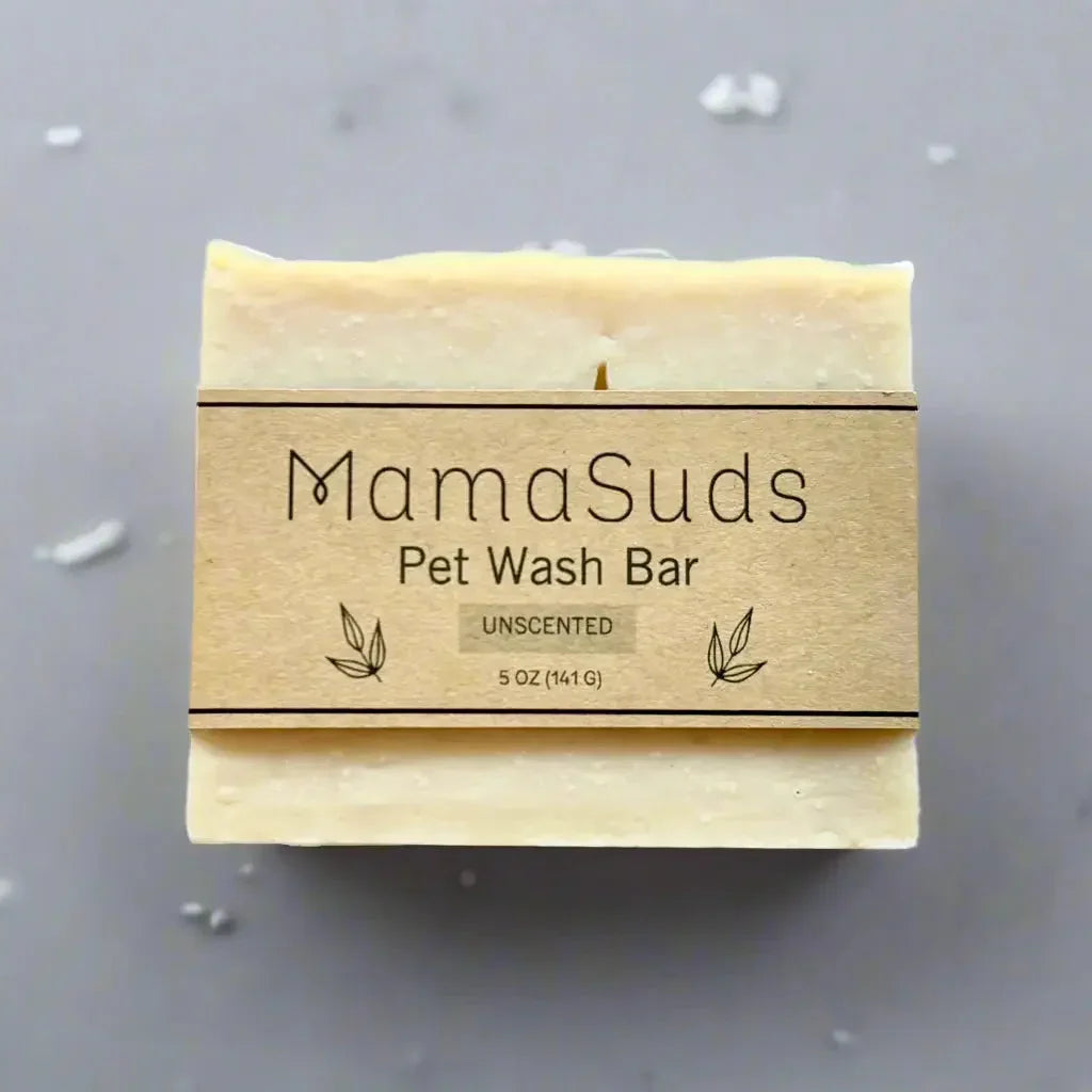 MamaSuds Pet Wash Bar unscented soap on gray background, eco-friendly boutique gift