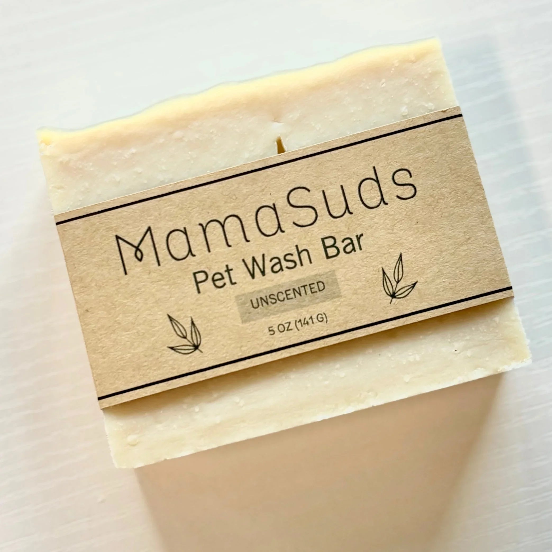 MamaSuds unscented pet wash bar on white background, eco-friendly boutique gift soap