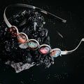 Cosmic-inspired artist-designed headband with colorful glass cabochons on black crystal, Qu!rk Boutique